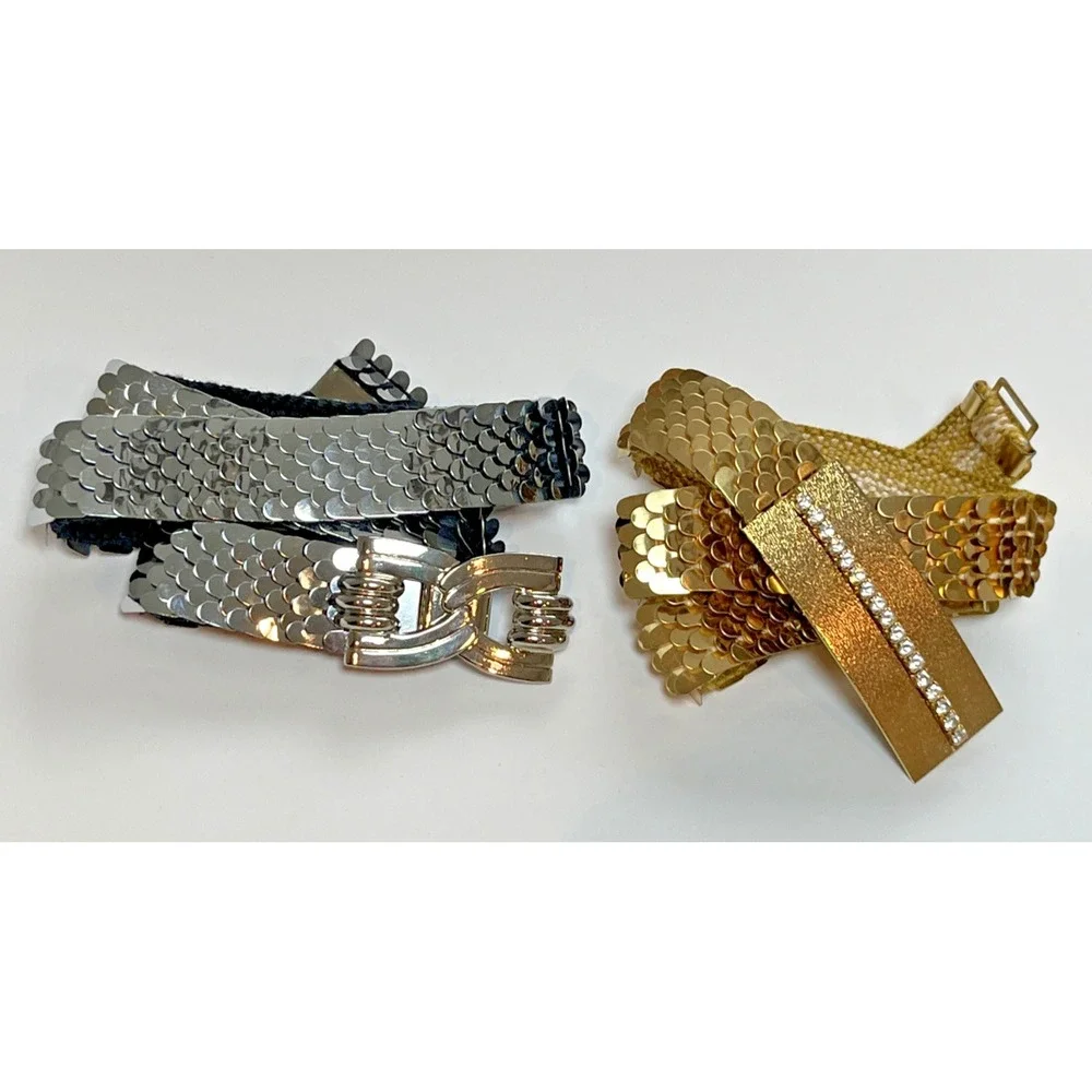 Vintage Fish Snake Scale Stretch Belts Silver and Gold Lot of 2 Disco 70s 80s